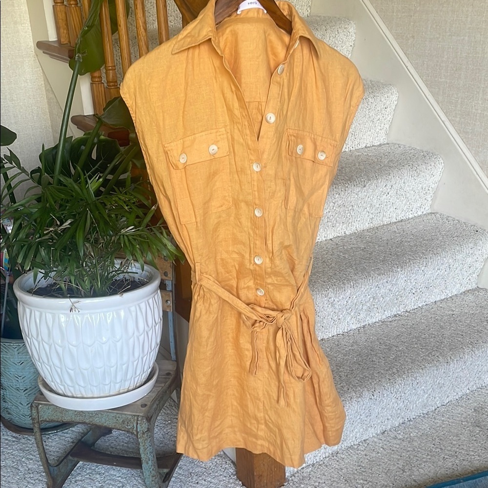 Mng Pure Linen Orange Button-Up Utility Dress Wit… - image 1